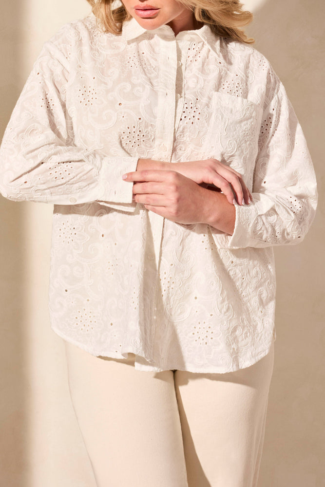 Tribal Spring/Summer 2025-5833O-5304-Eyelet Embroidery Shirt-White