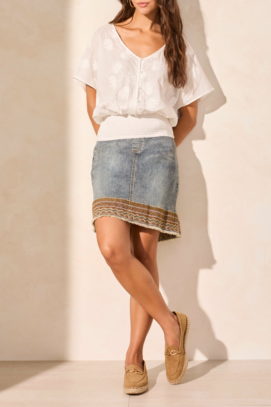 Tribal Spring/Summer 2025-5842O-5308-Pop Over Blouse W/Waist Shirring-White - The Coach Pyramids