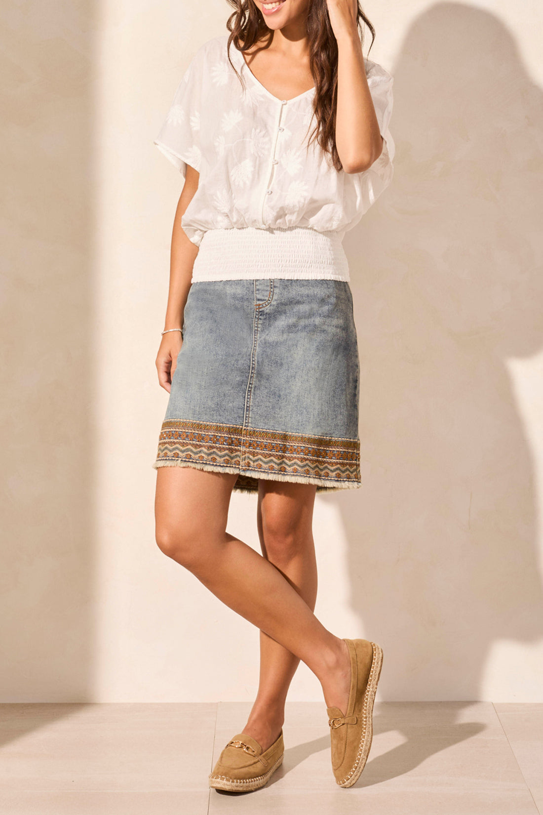 Tribal Spring/Summer 2025-5842O-5308-Pop Over Blouse W/Waist Shirring-White - The Coach Pyramids