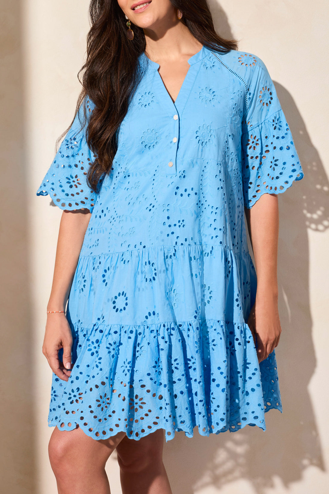 Tribal Spring/Summer 2025-5852O-5333-Mixed Pattern Eyelet Dress-White - The Coach Pyramids