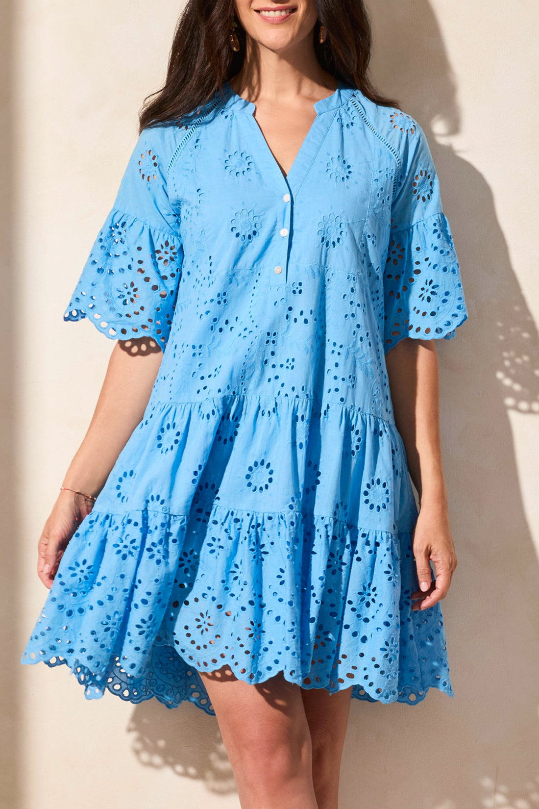 Tribal Spring/Summer 2025-5852O-5333-Mixed Pattern Eyelet Dress-White - The Coach Pyramids