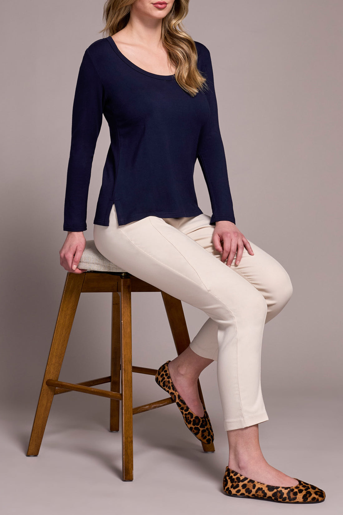 Tribal-Scoop Neck Knit Top W/Side Slits-5895O-1625-Night Fall - The Coach Pyramids