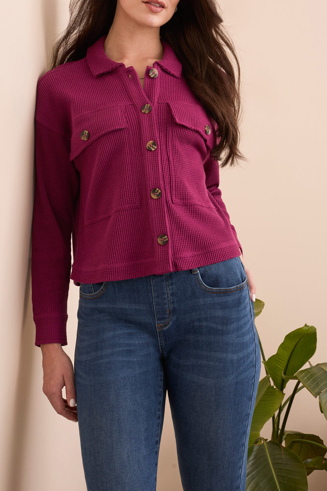 Tribal Fall 2025-5900O-5159-Crop Knit Shacket W/Patch Pockets-Plum Wine - The Coach Pyramids