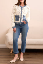 Tribal Fall 2025-5915O-5028-Mix Media Crochet Jacket W/Denim Inserts-Egg Shell - The Coach Pyramids