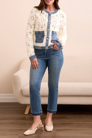 Tribal Fall 2025-5915O-5028-Mix Media Crochet Jacket W/Denim Inserts-Egg Shell - The Coach Pyramids