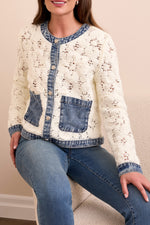 Tribal Fall 2025-5915O-5028-Mix Media Crochet Jacket W/Denim Inserts-Egg Shell - The Coach Pyramids