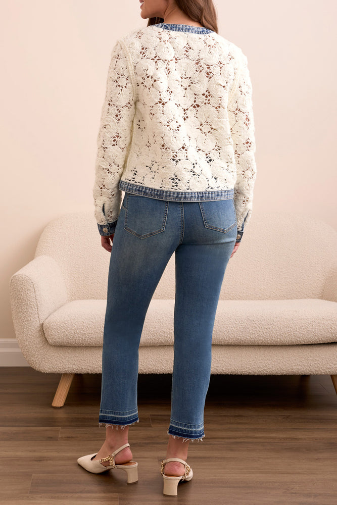 Tribal Fall 2025-5915O-5028-Mix Media Crochet Jacket W/Denim Inserts-Egg Shell - The Coach Pyramids