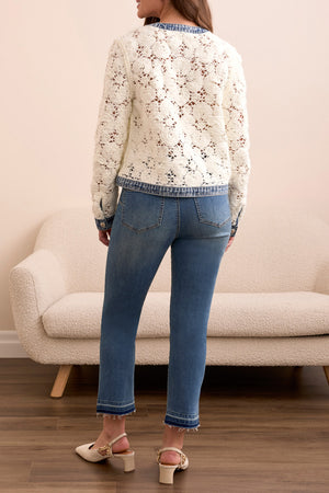 Tribal Fall 2025-5915O-5028-Mix Media Crochet Jacket W/Denim Inserts-Egg Shell - The Coach Pyramids