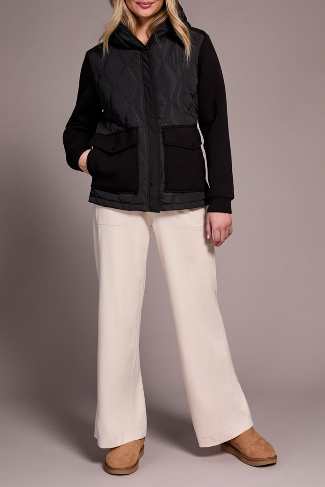Tribal Fall 2025-5918O-5031-Quilted Front Combo Knit Jacket W/Hood And Pockets-Black - The Coach Pyramids