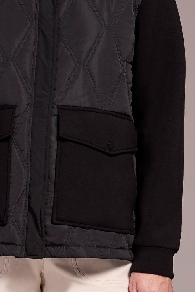 Tribal Fall 2025-5918O-5031-Quilted Front Combo Knit Jacket W/Hood And Pockets-Black - The Coach Pyramids