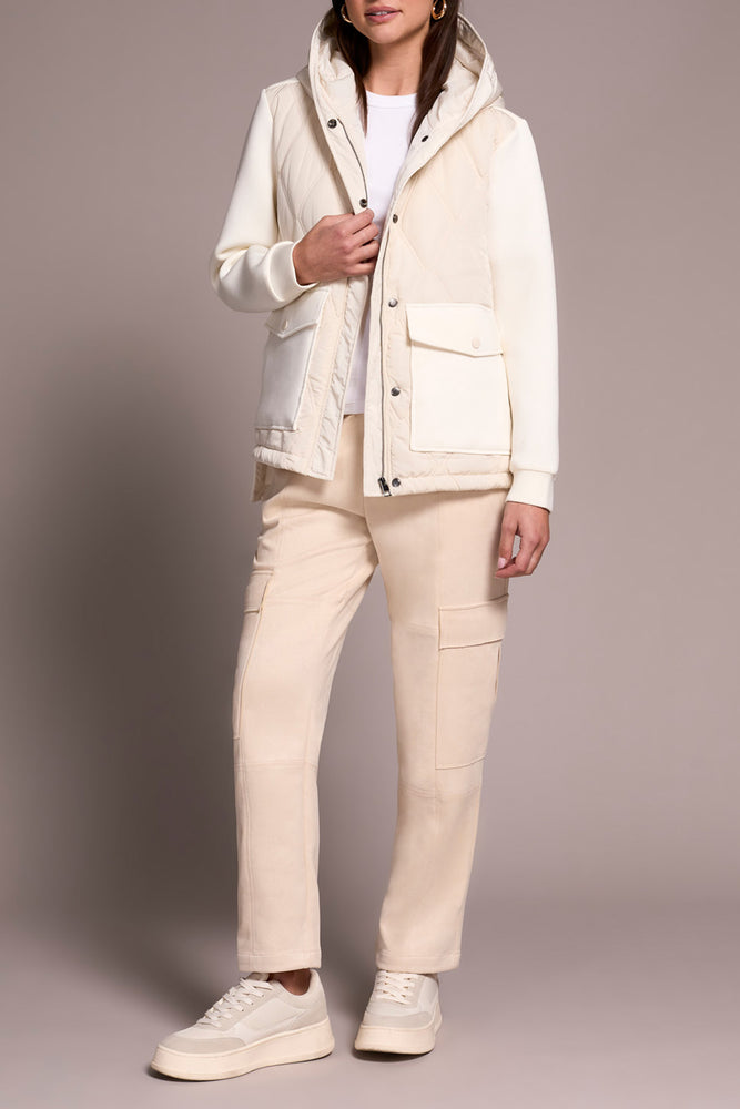 Tribal Fall 2025-5918O-5031-Quilted Front Combo Knit Jacket W/Hood And Pockets-Cream - The Coach Pyramids