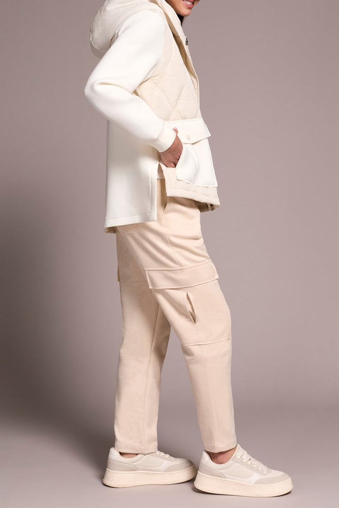Tribal Fall 2025-5918O-5031-Quilted Front Combo Knit Jacket W/Hood And Pockets-Cream - The Coach Pyramids