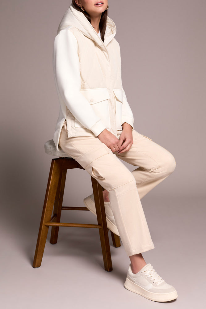 Tribal Fall 2025-5918O-5031-Quilted Front Combo Knit Jacket W/Hood And Pockets-Cream - The Coach Pyramids