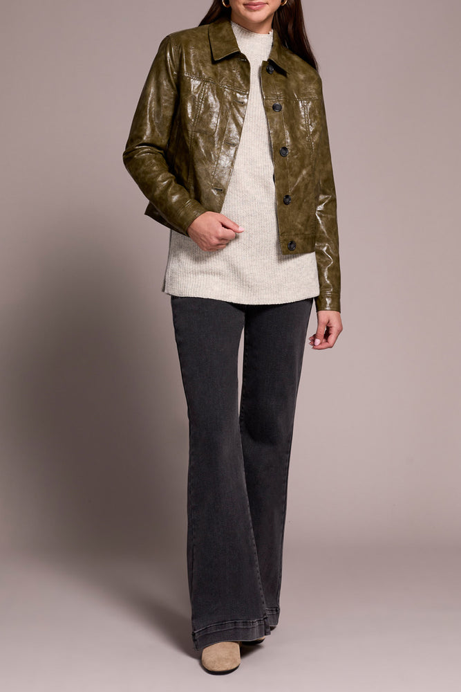 Tribal Fall 2025-5921O-5358-Button Front PU Jacket-Olive Leaf - The Coach Pyramids