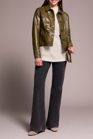 Tribal Fall 2025-5921O-5358-Button Front PU Jacket-Olive Leaf - The Coach Pyramids