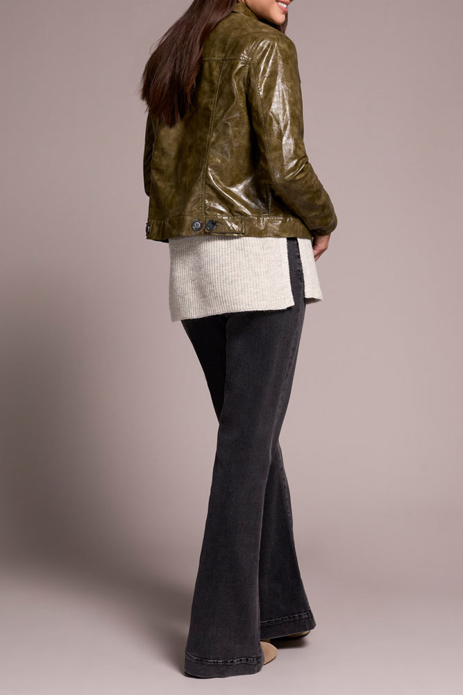 Tribal Fall 2025-5921O-5358-Button Front PU Jacket-Olive Leaf - The Coach Pyramids