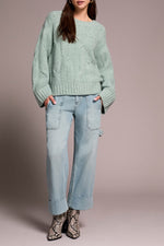 Tribal Fall 2025-5950O-5044-Crew Neck Loose Fit Cable Sweater-Silver Pine - The Coach Pyramids