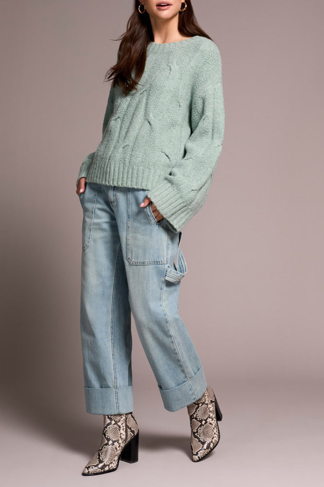 Tribal Fall 2025-5950O-5044-Crew Neck Loose Fit Cable Sweater-Silver Pine - The Coach Pyramids