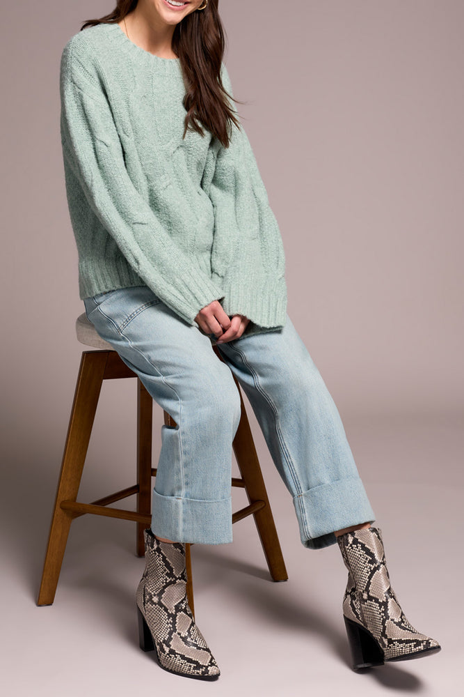 Tribal Fall 2025-5950O-5044-Crew Neck Loose Fit Cable Sweater-Silver Pine - The Coach Pyramids