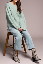 Tribal Fall 2025-5950O-5044-Crew Neck Loose Fit Cable Sweater-Silver Pine - The Coach Pyramids