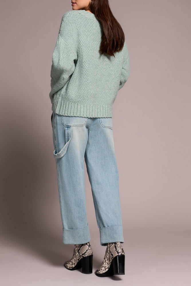 Tribal Fall 2025-5950O-5044-Crew Neck Loose Fit Cable Sweater-Silver Pine - The Coach Pyramids