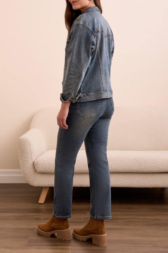 Tribal Fall 2025-5956O-5229-Girlfriend Denim Jacket W/Studs-Vintage - The Coach Pyramids