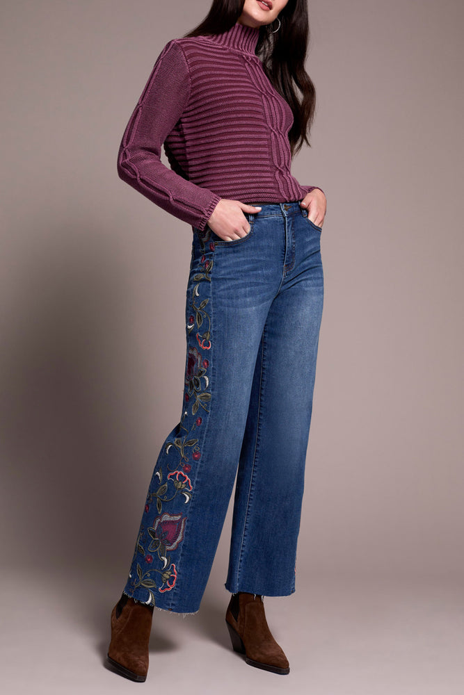 Tribal Fall 2025-5958O-5076-Brooke Hugging Jeans W/Fancy Embroidery-Blue Dusk