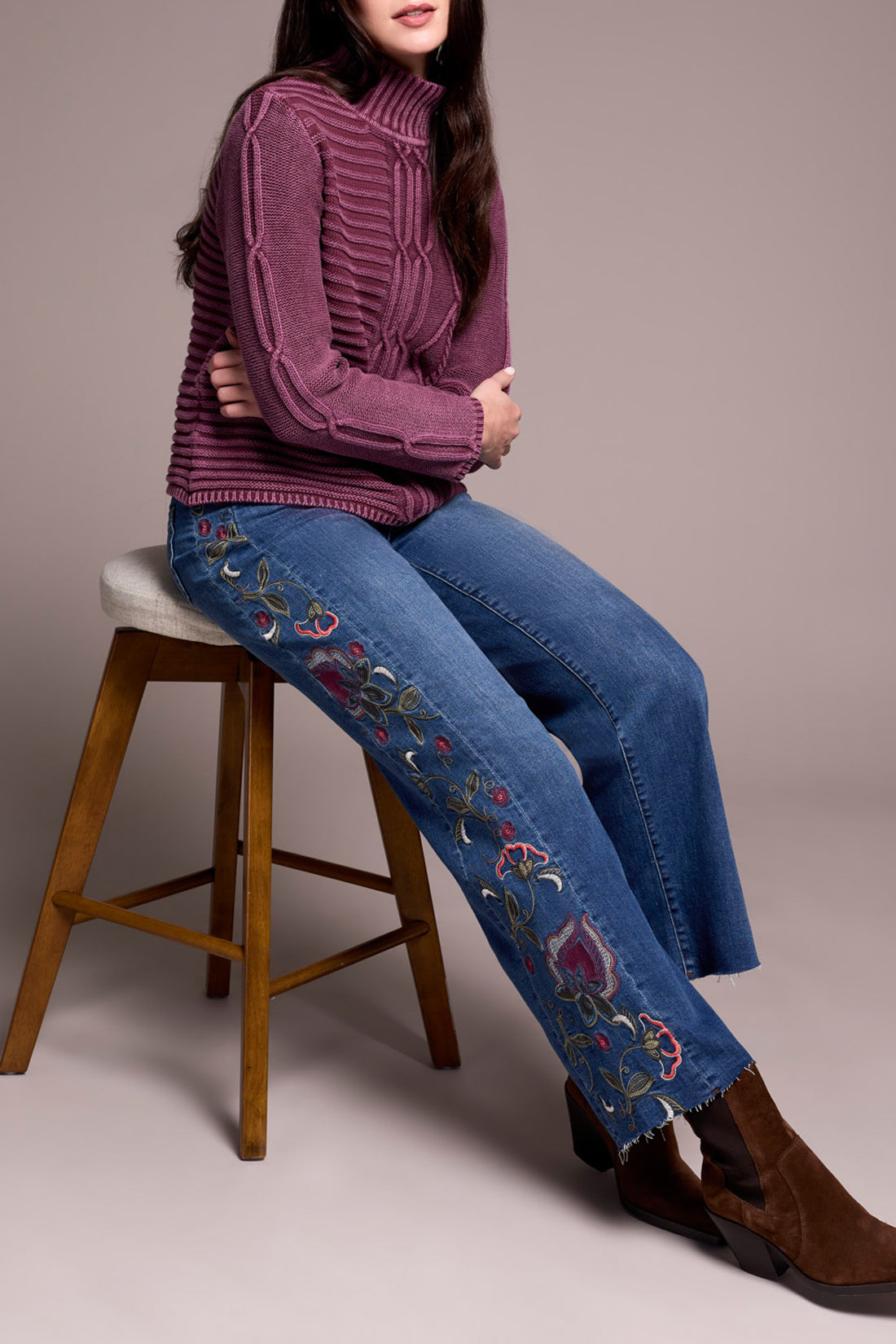 Tribal Fall 2025-5958O-5076-Brooke Hugging Jeans W/Fancy Embroidery-Blue Dusk - The Coach Pyramids