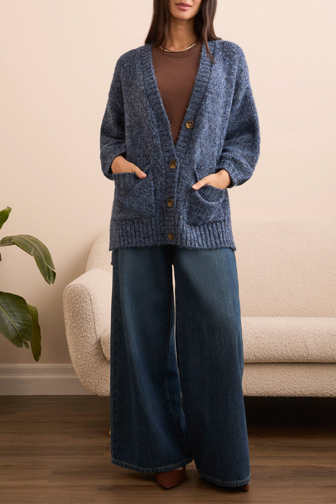 Tribal Fall 2025-5962O-5051-Over Size Puff Sleeve Sweater Cardigan-Blue Away - The Coach Pyramids