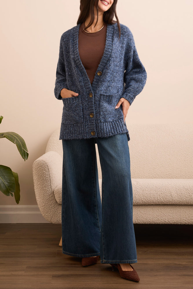 Tribal Fall 2025-5962O-5051-Over Size Puff Sleeve Sweater Cardigan-Blue Away - The Coach Pyramids