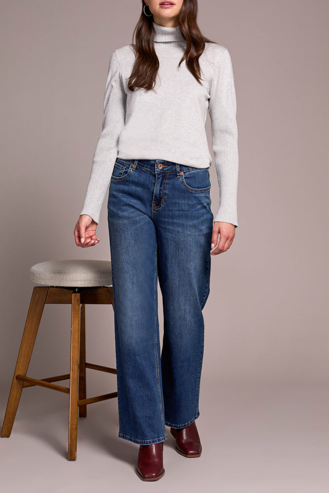 Tribal Fall 2025-5968U-292-Petite Sophia Curvy Hugging Wide Jeans-Antique Blue