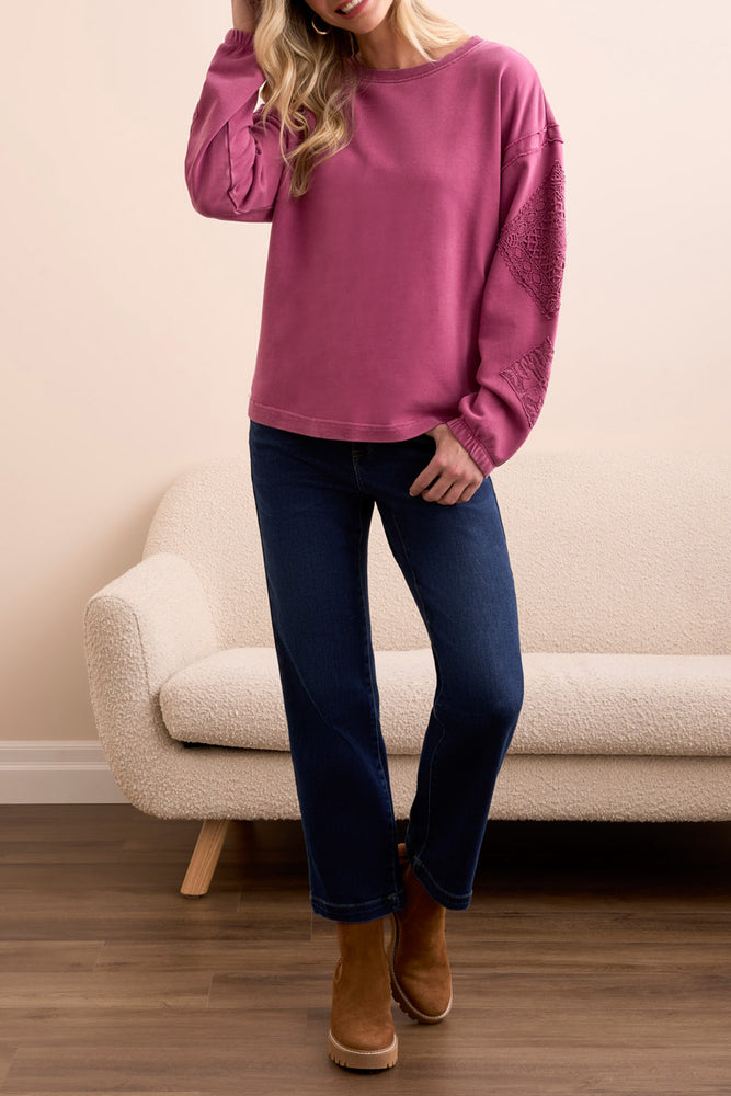 Tribal Fall 2025-5986O-5082-Crew Neck Applique Detail W/Special Wash-Rose Berry - The Coach Pyramids