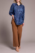 Tribal Fall 2025-6001O-5069-Printed Loose Fit Chambray Blouse-DK Chambray - The Coach Pyramids