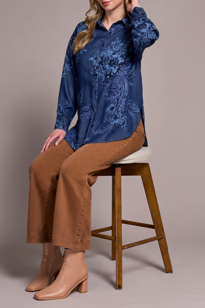 Tribal Fall 2025-6001O-5069-Printed Loose Fit Chambray Blouse-DK Chambray - The Coach Pyramids