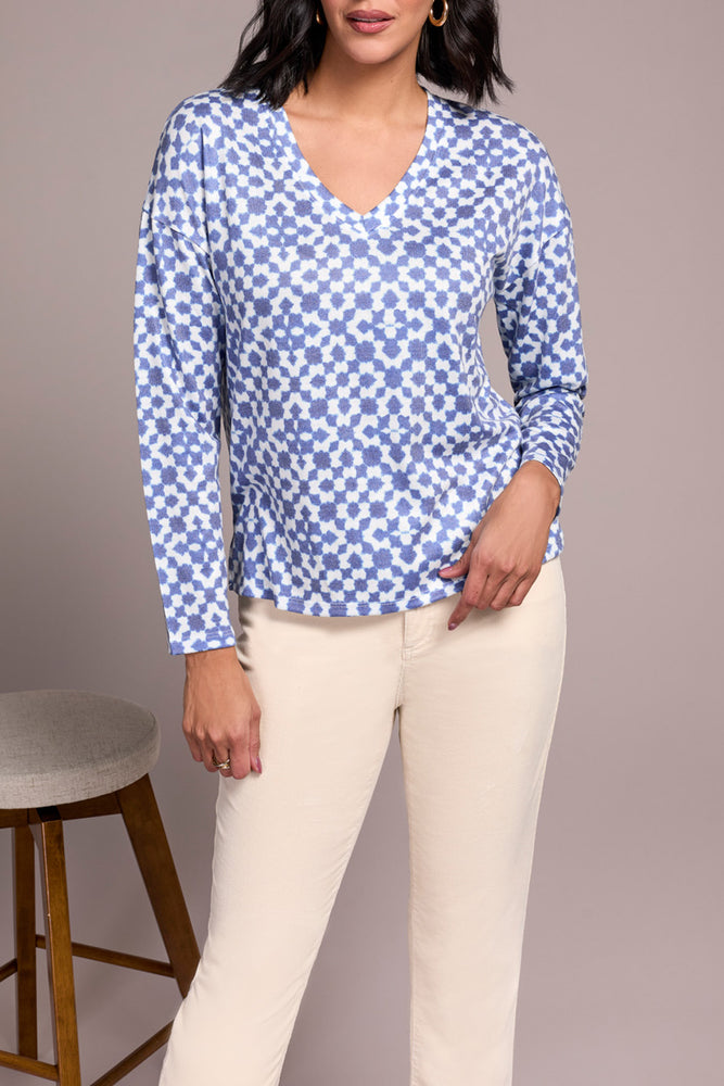 Tribal Fall 2025-6002O-4214-V Neck Knit Top W/Side Slits-Ultra Blue - The Coach Pyramids