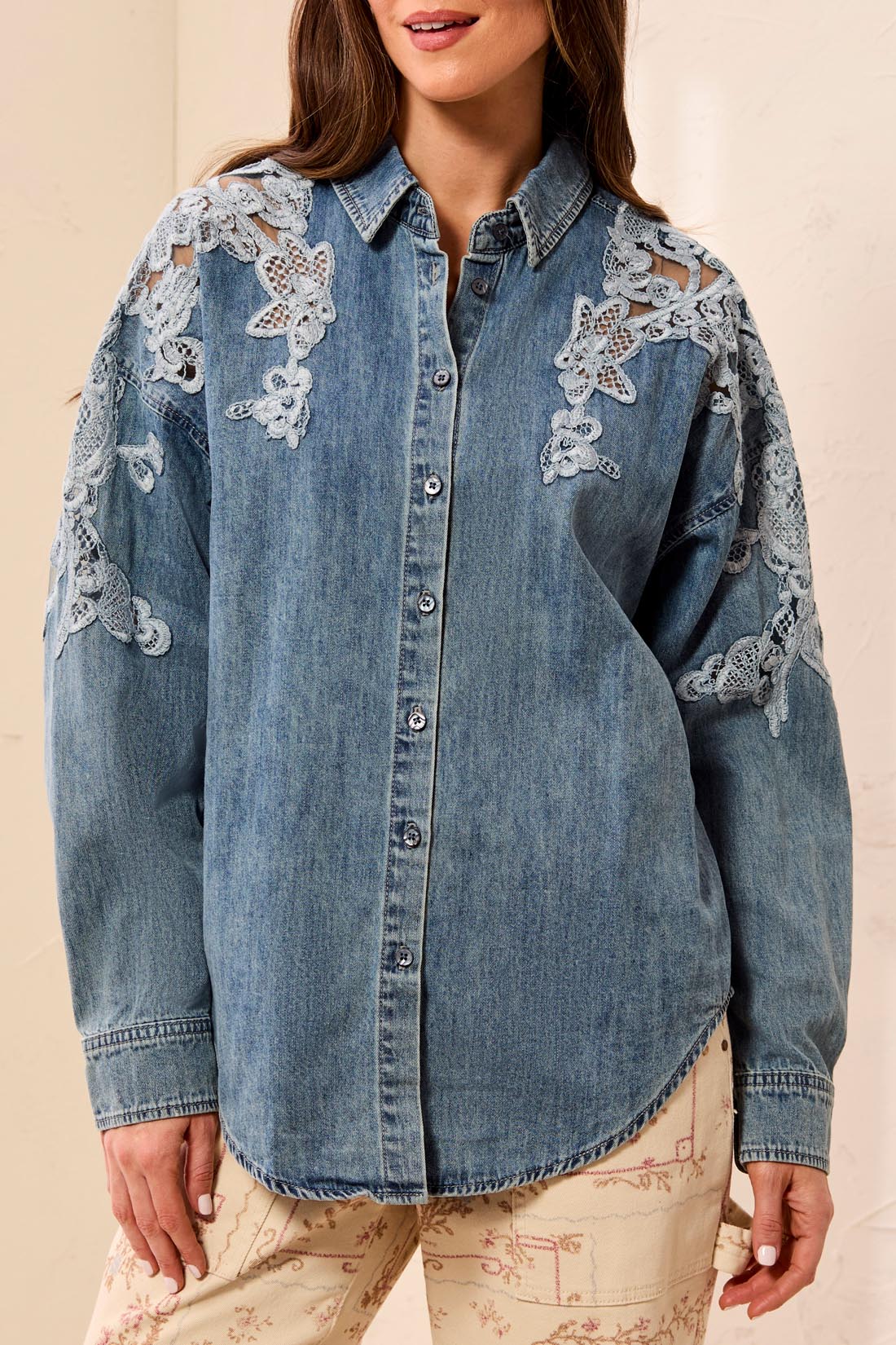 Tribal-Fancy Denim Shirt W/Lace Insert-6006O-2507-Flower Blue - The Coach Pyramids