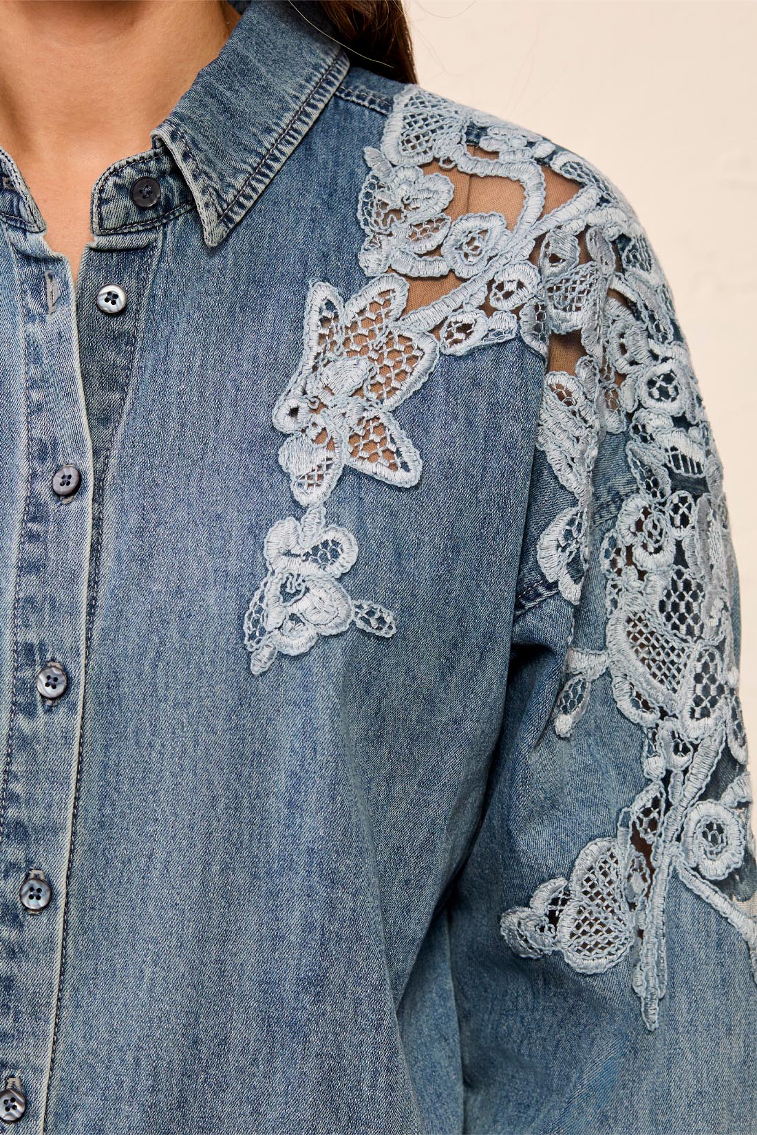 Tribal-Fancy Denim Shirt W/Lace Insert-6006O-2507-Flower Blue - The Coach Pyramids