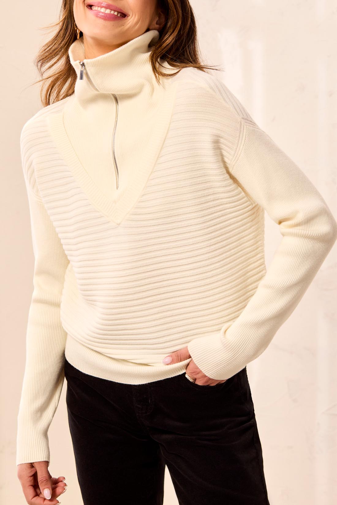 Tribal-Zip Up V Neck Sweater-6028O-0026-Cream - The Coach Pyramids