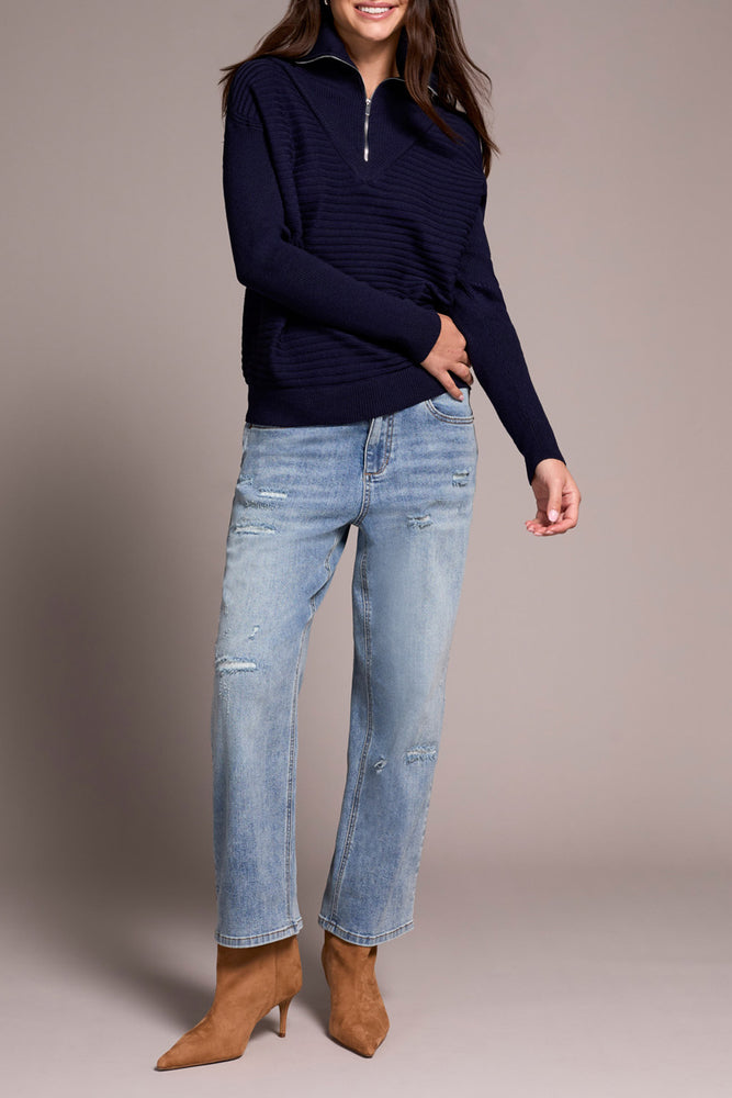 Tribal Fall 2025-6028O-5118-Zip Up V Neck Sweater-Night Fall - The Coach Pyramids