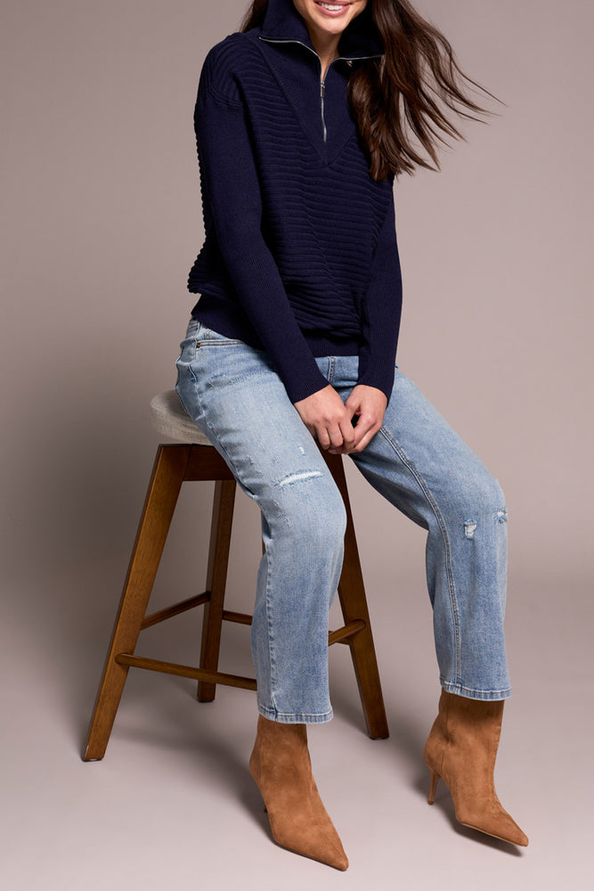 Tribal Fall 2025-6028O-5118-Zip Up V Neck Sweater-Night Fall - The Coach Pyramids