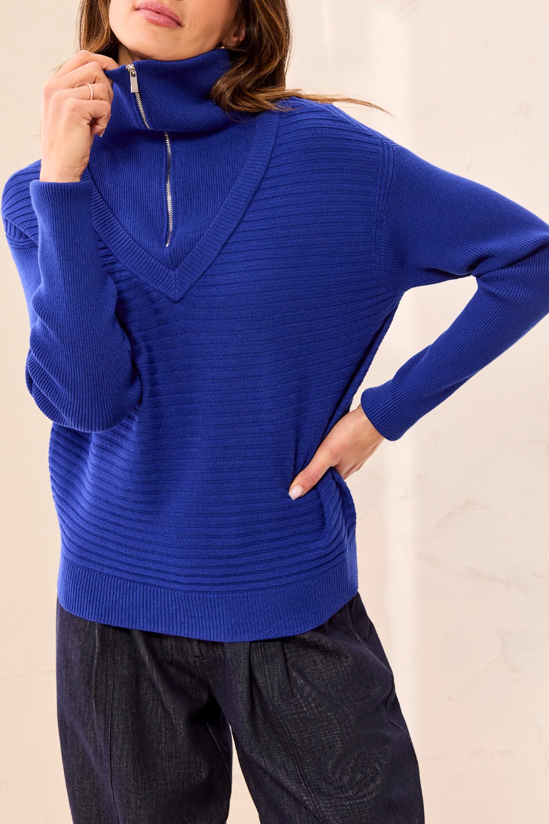 Tribal-Zip Up V Neck Sweater-6028O-1991-Electric Blue - The Coach Pyramids