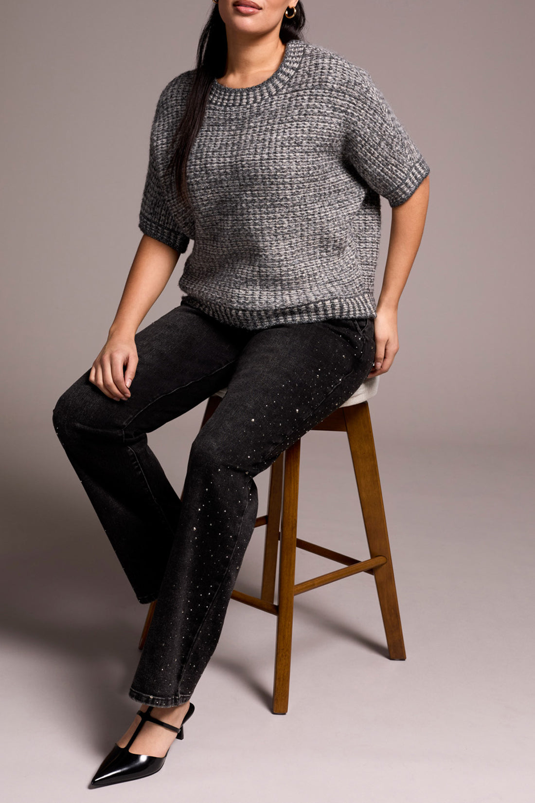 Tribal Fall 2025-6034O-5138-Crew Neck Cap Sleeve Sweater-Charcoal - The Coach Pyramids
