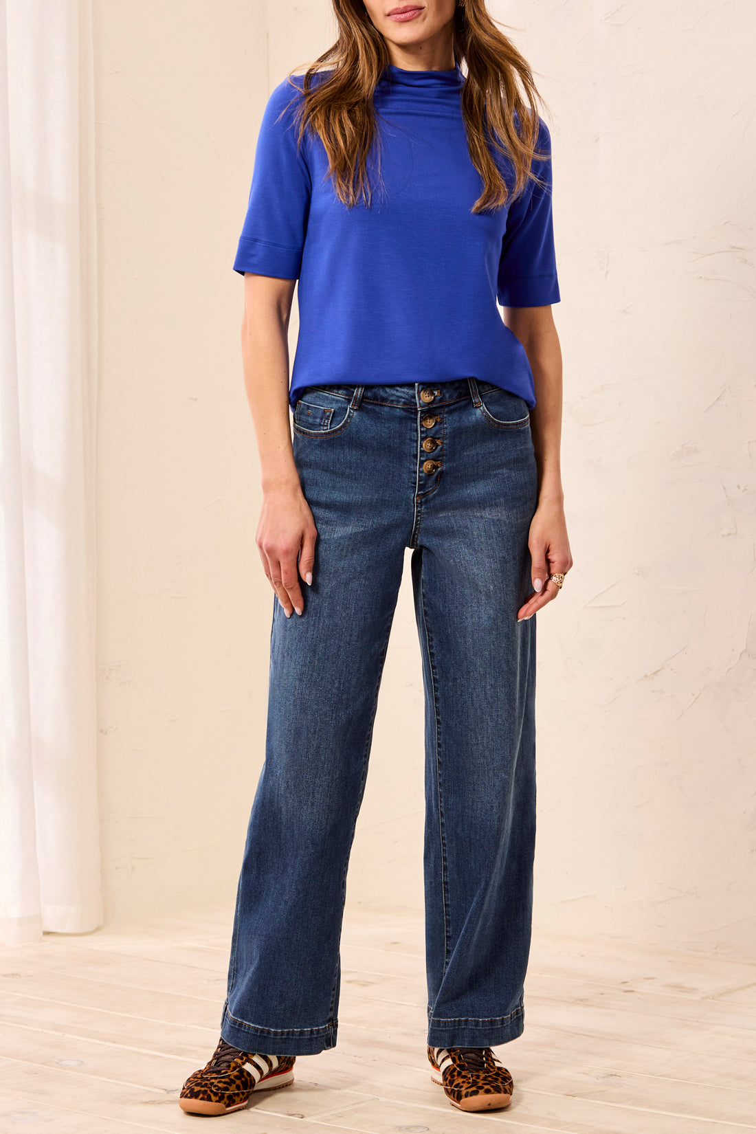 Tribal-Audrey Button Fly Wide Crop Denim-6186O-1611-Dusk - The Coach Pyramids