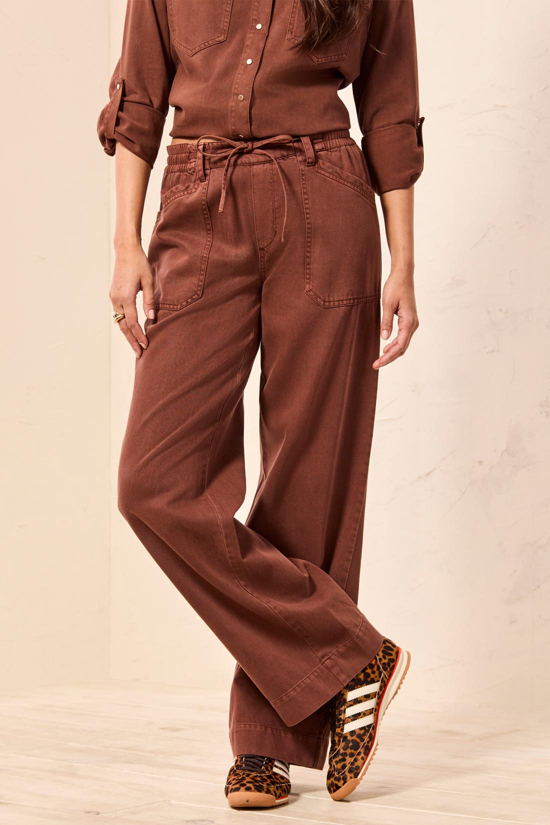 Tribal-Pull On Flowy Wide Pant W/Drawstring-6238O-3379-Rustic Brown - The Coach Pyramids