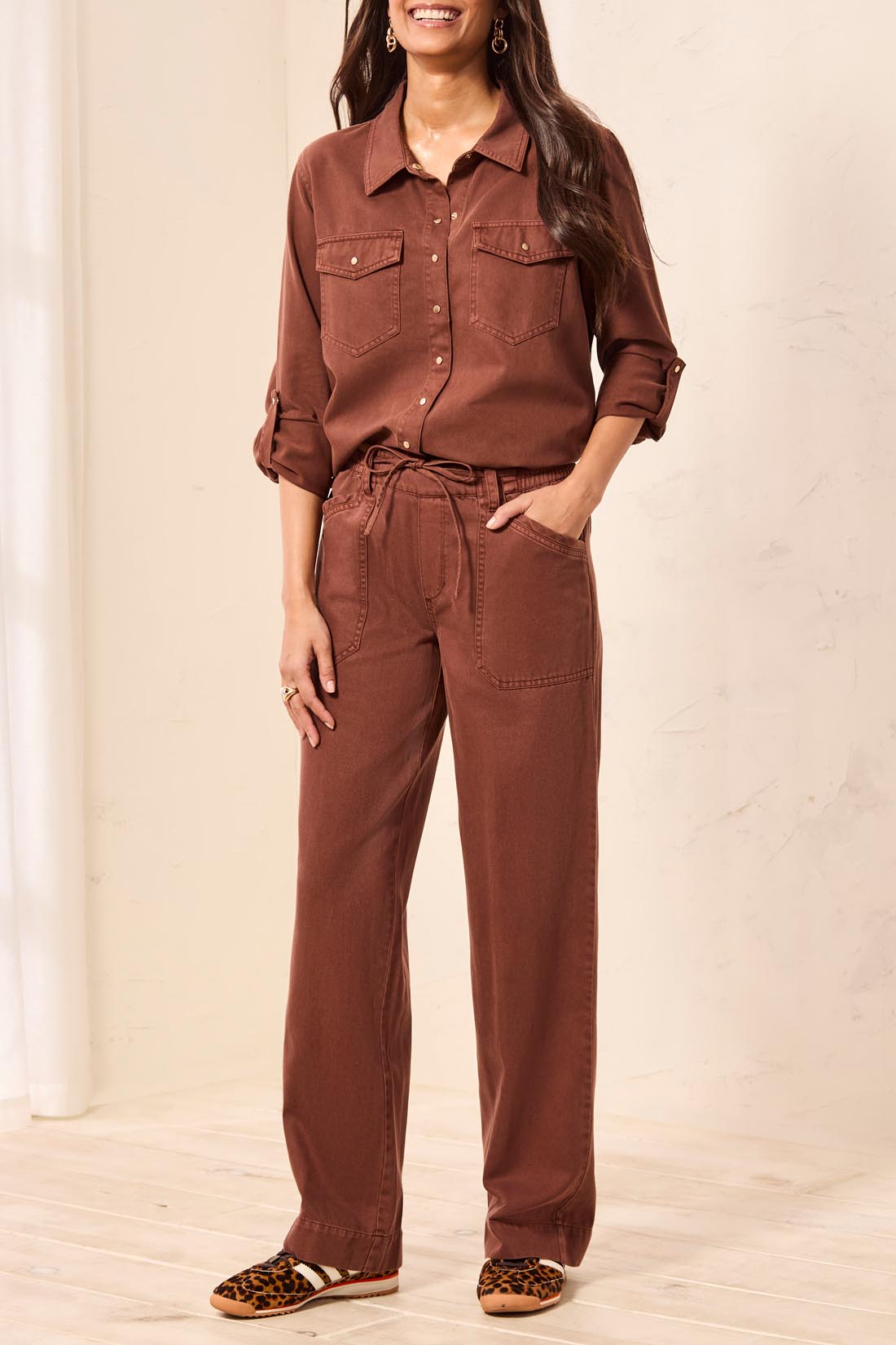 Tribal-Pull On Flowy Wide Pant W/Drawstring-6238O-3379-Rustic Brown - The Coach Pyramids