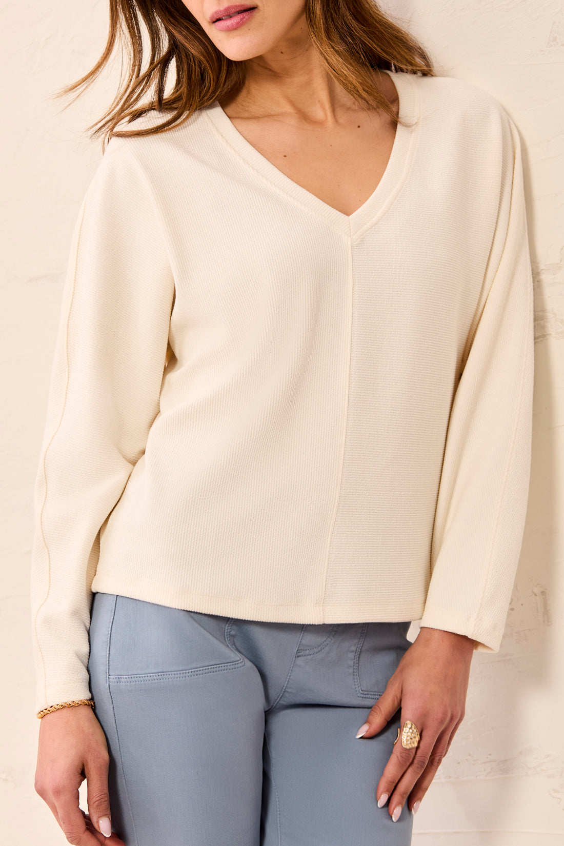 Tribal-L/S Dolman V Neck Top-6241O-3381-Antique White - The Coach Pyramids