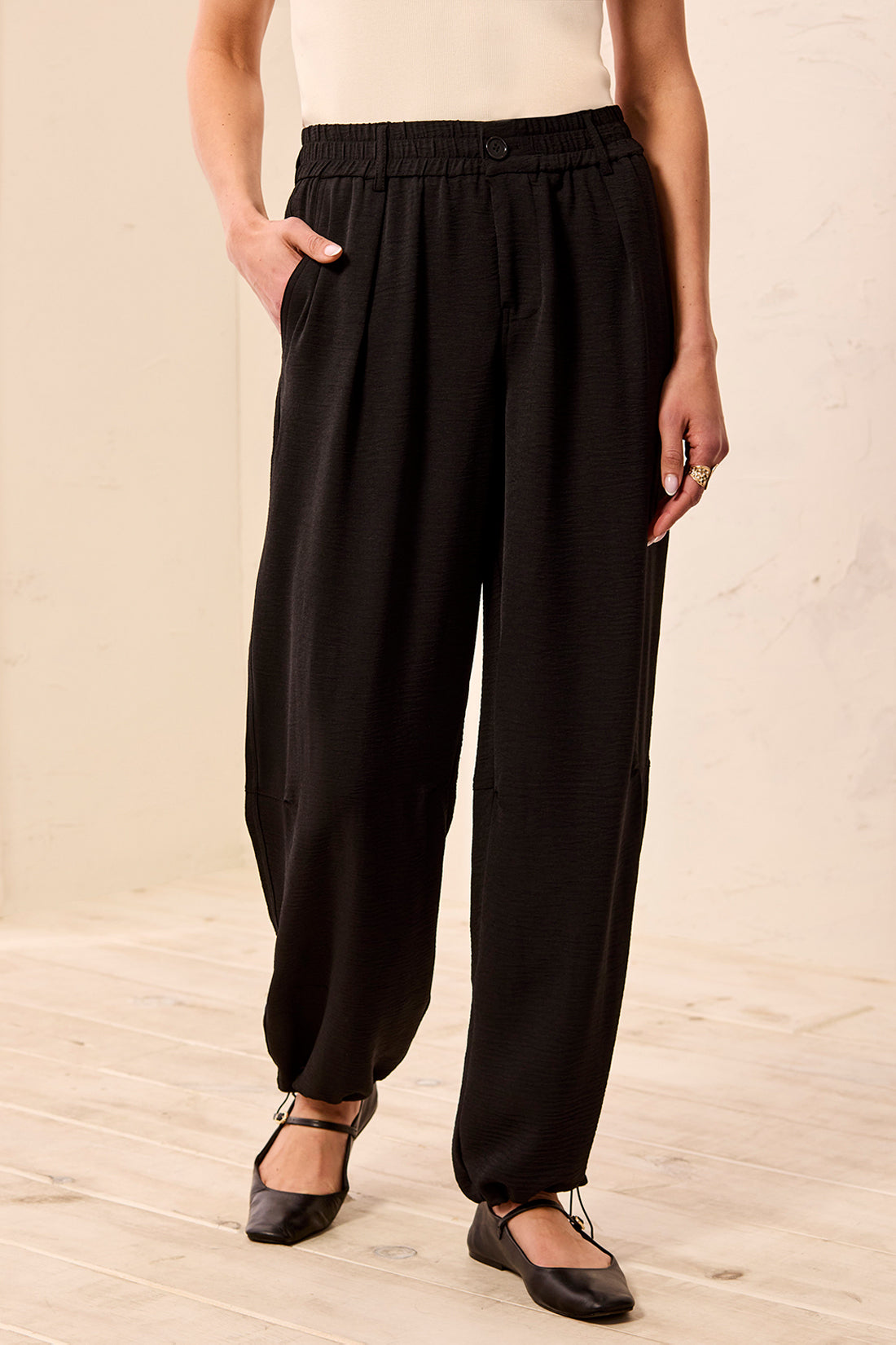 Tribal-Fake Fly Flowy Pant W/Elastic Hem-6249O-0002-Black - The Coach Pyramids