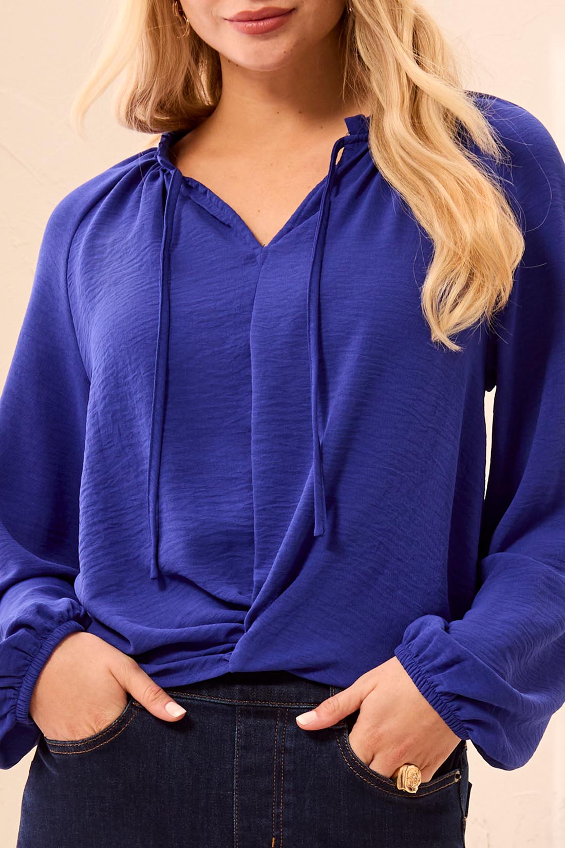 Tribal-Raglan Sleeve Blouse W/Front Knot-6250O-1991-Electric Blue - The Coach Pyramids