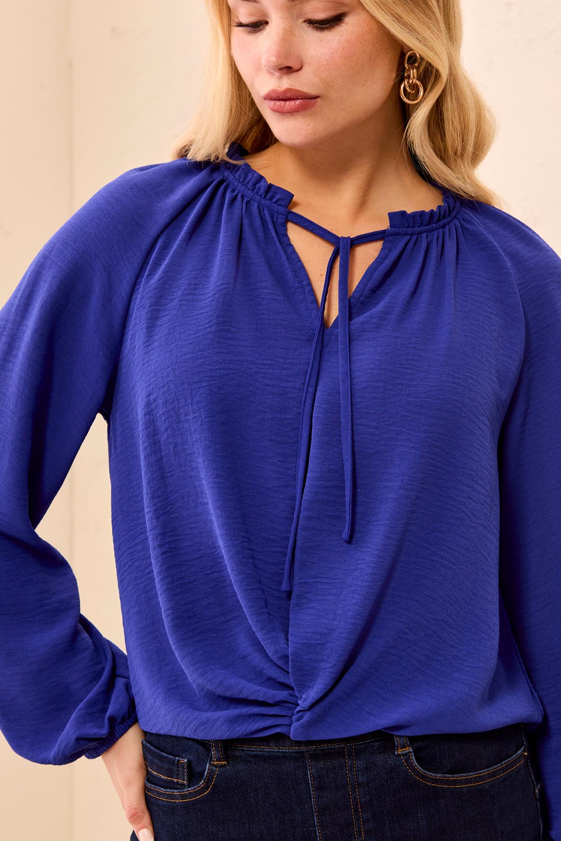 Tribal-Raglan Sleeve Blouse W/Front Knot-6250O-1991-Electric Blue - The Coach Pyramids