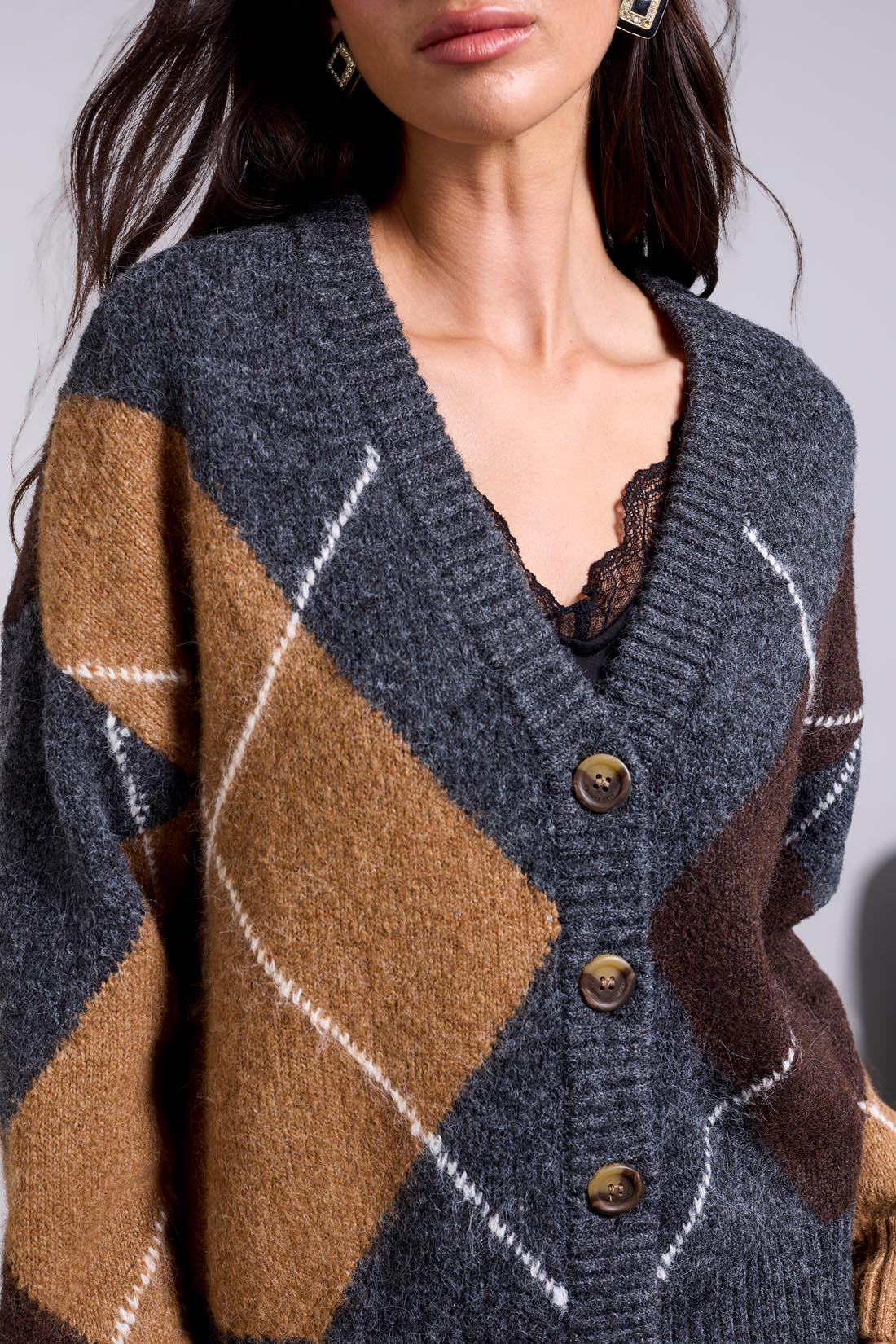 Tribal-Lofty Argyle Sweater Cardigan-6263O-0367-Charcoal - The Coach Pyramids